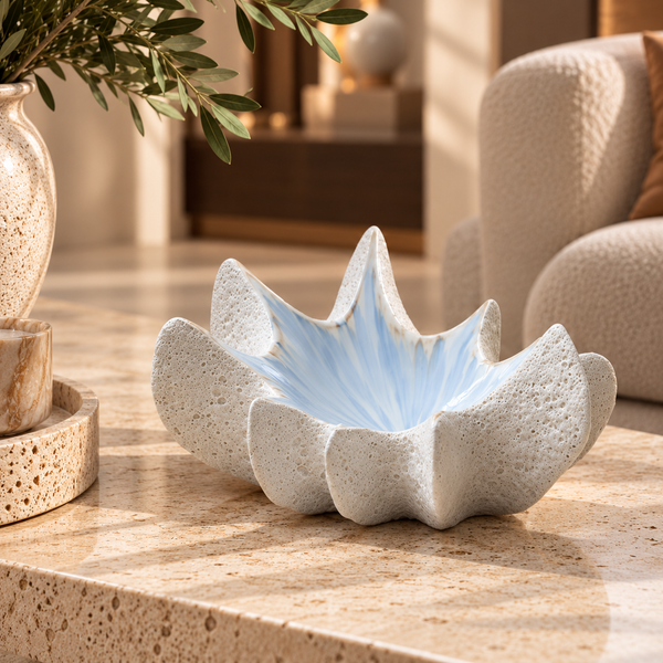 Blue & White Sculptural Ceramic Decorative Bowl - 40cm