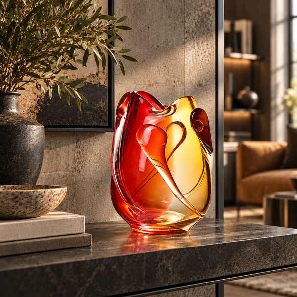 Red & Amber Water Drop Handmade Glass Vase - 27cm