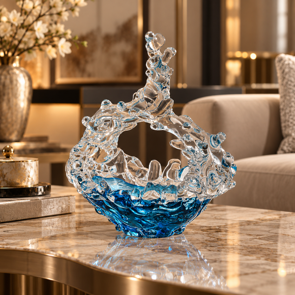 Blue & Clear Wave-Shaped Handmade Glass Decorative Bowl - 23cm