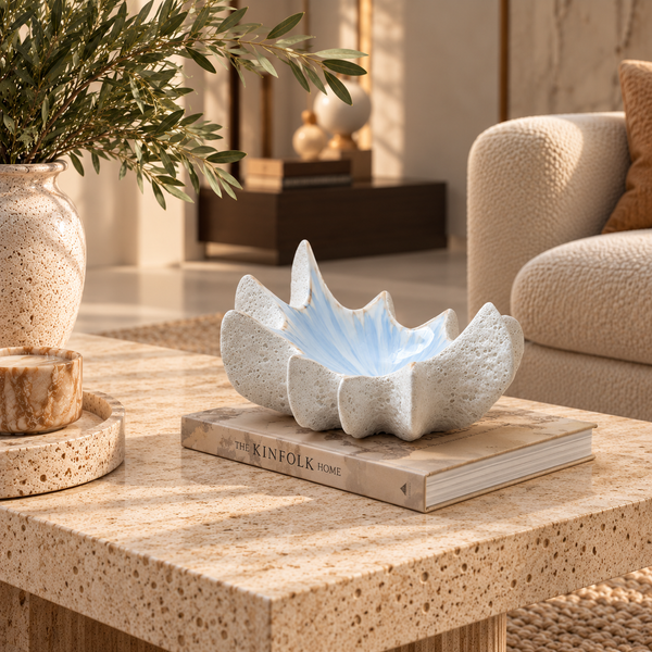Blue & White Sculptural Ceramic Decorative Bowl - 40cm