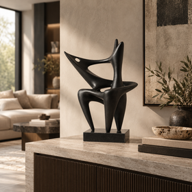 Black Abstract Resin Sculpture with Marble Base - 52cm
