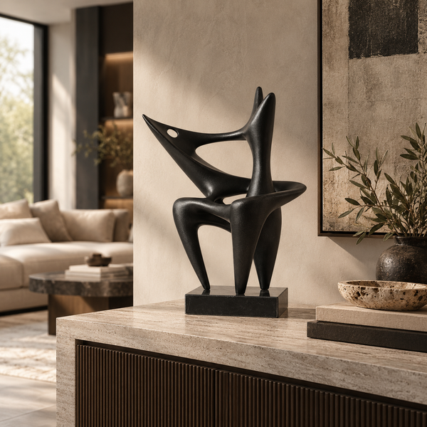 Black Abstract Resin Sculpture with Marble Base - 52cm