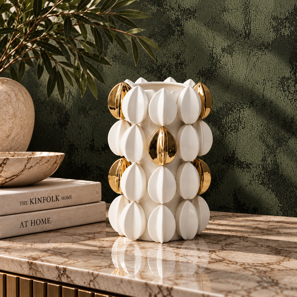 White & Gold Textured Ceramic Vase - 26cm