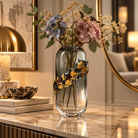 Sculptural Smoke Grey & Gold Glass Vase - 39cm