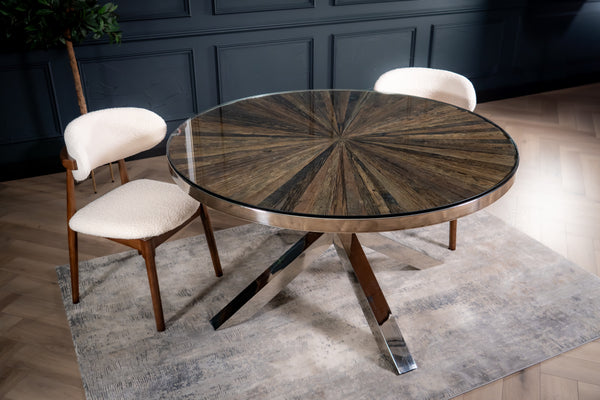 Forest Round Recycled Wood Dining Table with Glass Top and Chrome Legs 140 cm