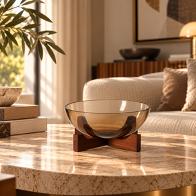 Smoked Brown Glass Decorative Bowl with Wooden Stand - 22cm