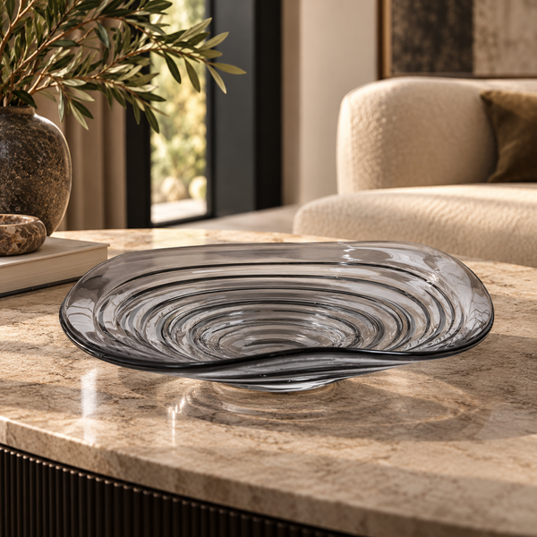 Grey Wave-Shaped Decorative Glass Bowl - 35cm