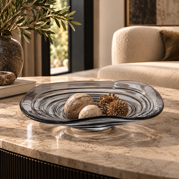 Grey Wave-Shaped Decorative Glass Bowl - 35cm