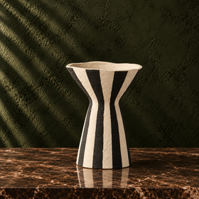 Black & White Hand-Painted Striped Ceramic Vase - 30cm