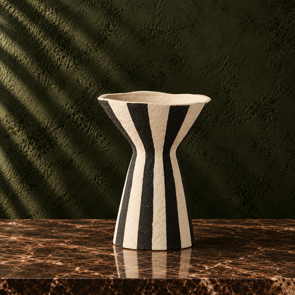 Black & White Hand-Painted Striped Ceramic Vase - 30cm