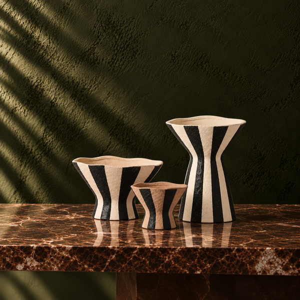 Black & Beige Hand-Painted Striped Ceramic Vase - 16cm