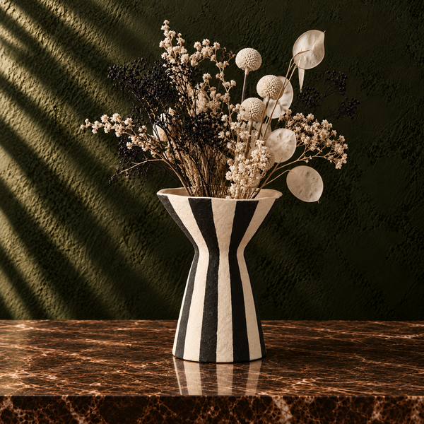 Black & White Hand-Painted Striped Ceramic Vase - 30cm