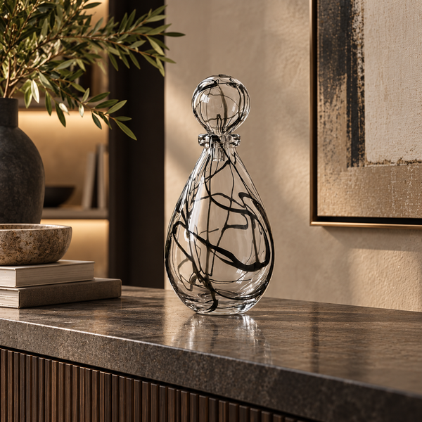 Clear & Black Line Handmade Glass Vase - 42cm