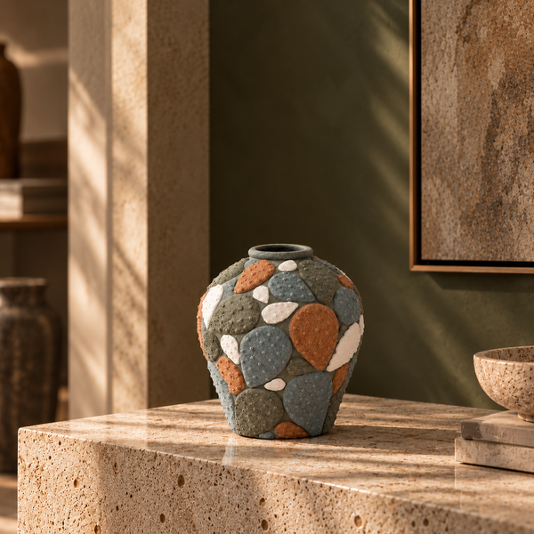 Green & Earth Tone Handmade Ceramic Vase - 24cm