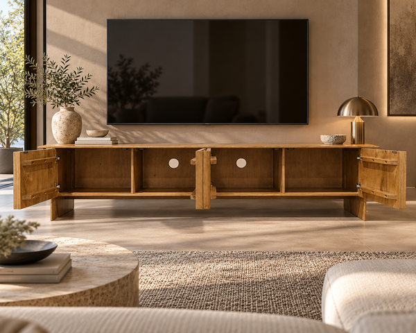 Solid Mango Wood Fluted TV Unit 220cm - Parma
