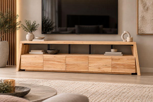 Solid Acacia Wood TV Unit with 5 Drawers – Flow 200cm