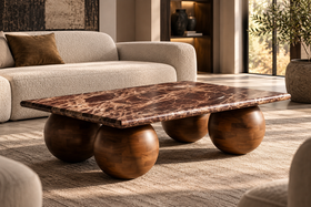 Solid Mango Wood Natural Rosso Marble Coffee Table - Lucerne Cherry Gold Brown 120cm