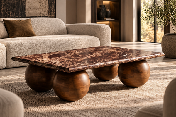 Solid Mango Wood Natural Rosso Marble Coffee Table - Lucerne Cherry Gold Brown 120cm