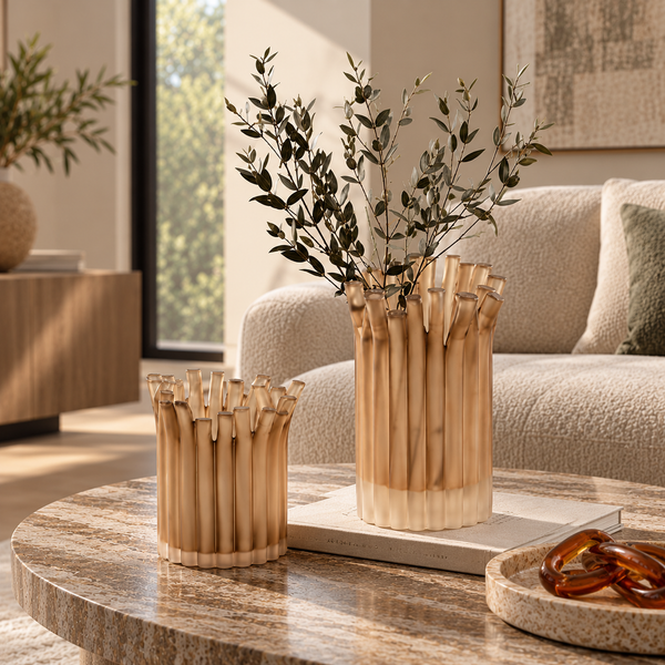 Smoked Brown Ribbed Resin Vase - 19cm