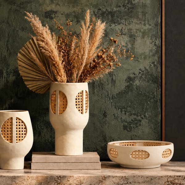 Beige Ceramic & Bamboo Decorative Bowl - 30cm