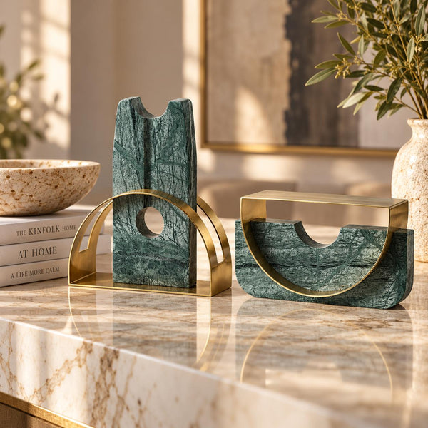 Green Marble & Gold Metal Arch Ornament - 25cm