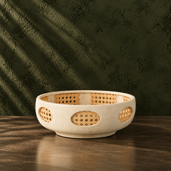 Beige Ceramic & Bamboo Decorative Bowl - 30cm