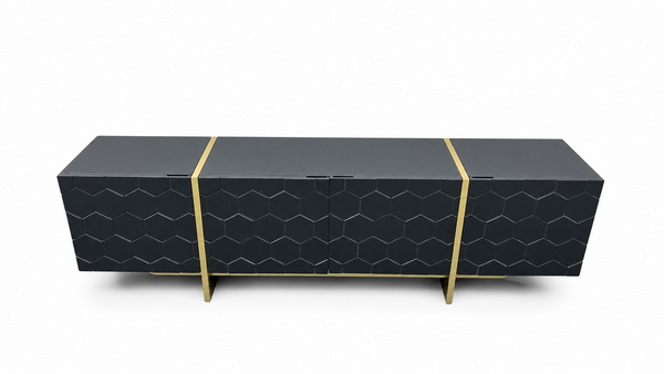 Solid Mango Wood Black TV Unit With Gold Metal Legs 200cm – Honeycomb