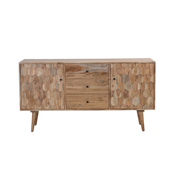 Solid Acacia Wood Sideboard Natural Brown 145 cm – Hive Three Drawers Two Doors
