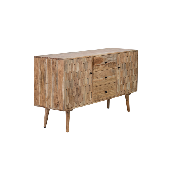 Solid Acacia Wood Sideboard Natural Brown 145 cm – Hive Three Drawers Two Doors