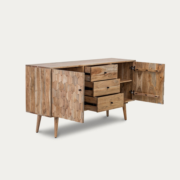 Solid Acacia Wood Sideboard Natural Brown 145 cm – Hive Three Drawers Two Doors