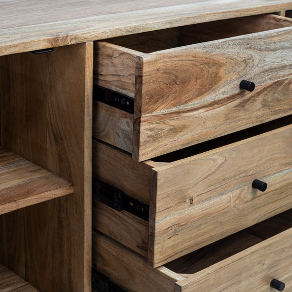 Solid Acacia Wood Sideboard Natural Brown 145 cm – Hive Three Drawers Two Doors