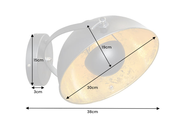 Studio Industrial Style Design Wall Lamp Black Gold Leaf with Tiltable Shade 38 cm