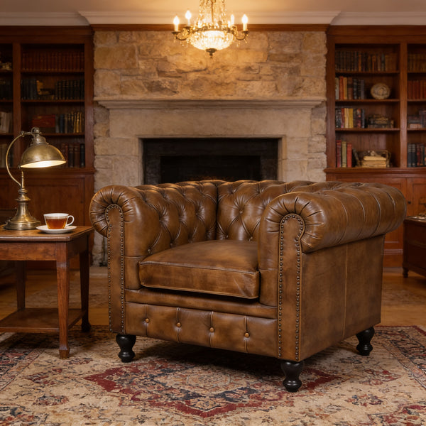 Chesterfield Genuine Leather Armchair Antique Brown with Black Legs – Stratford