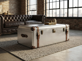 Aluminium Vintage Trunk Coffee Table with Storage – Dark Brown Leather Voyager 100cm