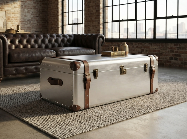 Aluminium Vintage Trunk Coffee Table with Storage – Dark Brown Leather Voyager 100cm
