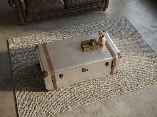 Aluminium Vintage Trunk Coffee Table with Storage – Dark Brown Leather Voyager 100cm