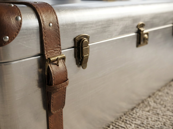 Aluminium Vintage Trunk Coffee Table with Storage – Dark Brown Leather Voyager 100cm