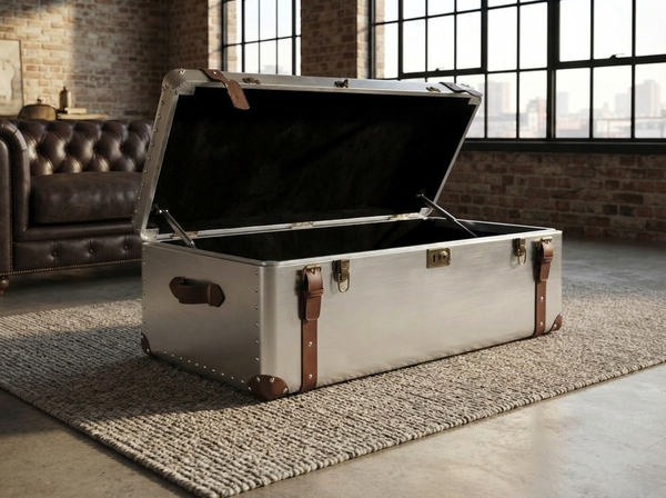 Aluminium Vintage Trunk Coffee Table with Storage – Dark Brown Leather Voyager 100cm