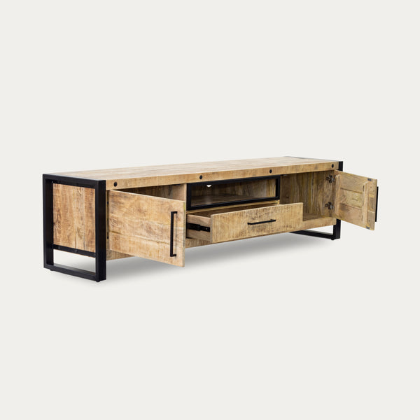 Solid Mango Wood TV unit and Black Metal Frame 200 cm – Iron Industrial
