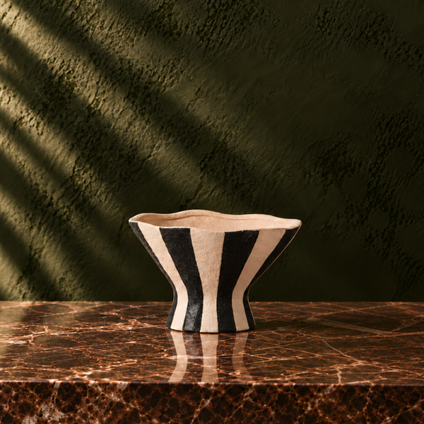 Black & Beige Hand-Painted Striped Ceramic Vase - 16cm