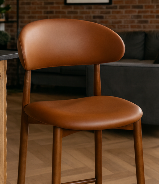 Vita Wooden Bar Stool Chair in Brown Faux Leather and Smoked Brown Wooden Legs