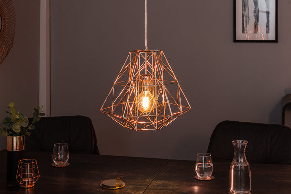 Filigree Suspension Hanging Industrial Cage Lamp Rose Gold 36cm