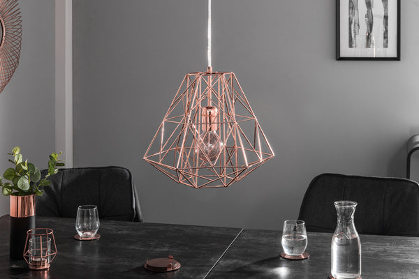 Filigree Suspension Hanging Industrial Cage Lamp Rose Gold 36cm