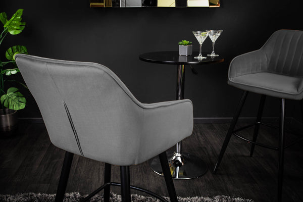 Turin Noble Bar Stool Silver-Grey Velvet with Decorative Stitching