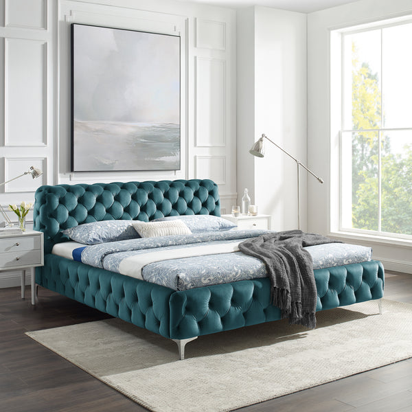 Modern Baroque Elegant Double Super King Bed Pacific Blue Velvet Chesterfield Design 200 cm