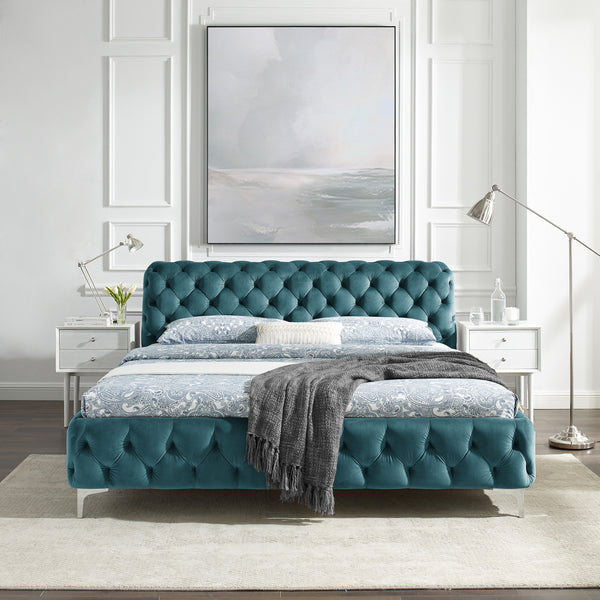 Modern Baroque Elegant Double Super King Bed Pacific Blue Velvet Chesterfield Design 200 cm